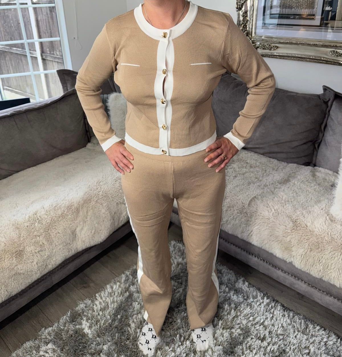 Women’s Knitted Button Lounge Set – Caramel & White