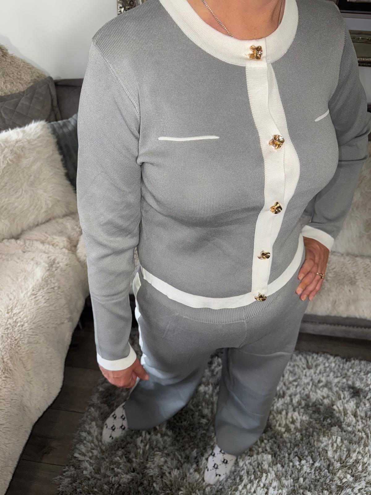 Women’s Knitted Button Lounge Set – Grey & White