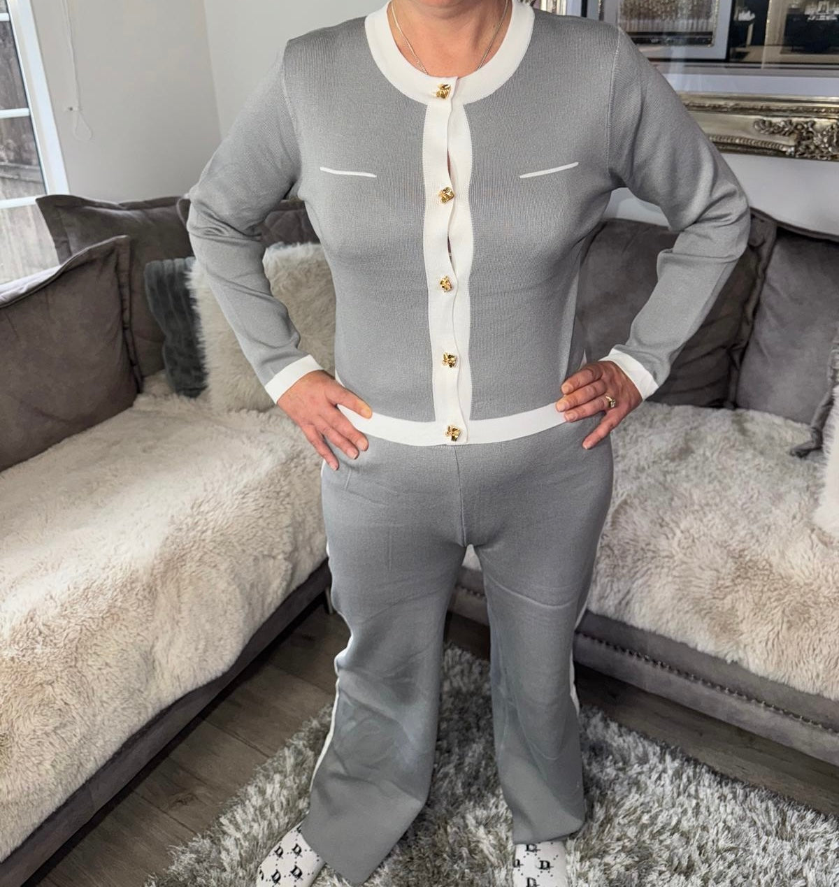 Women’s Knitted Button Lounge Set – Grey & White