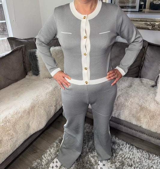 Women’s Knitted Button Lounge Set – Grey & White