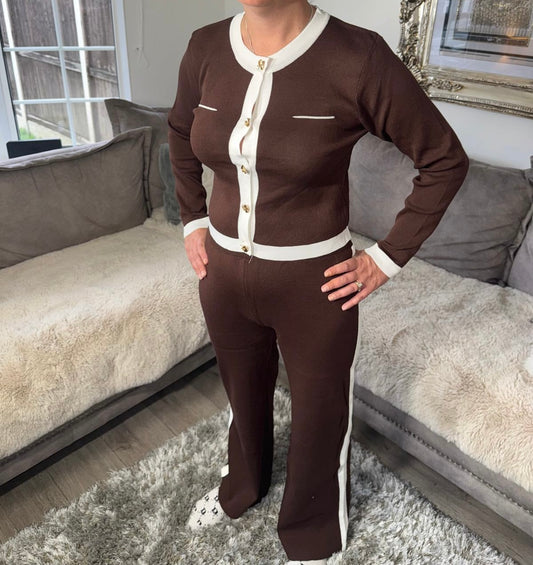 Women’s Knitted Button Lounge Set – Brown & White